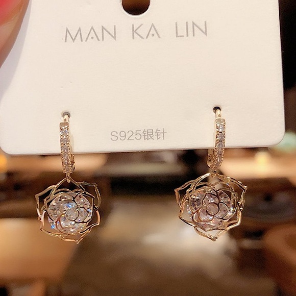 Rose Flower Drop Earrings in Gold - Picture 3 of 3